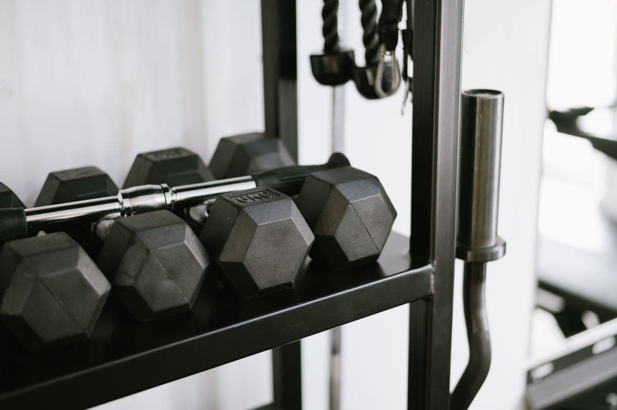 Adjustable dumbbells and a barbell on a rack in a home gym